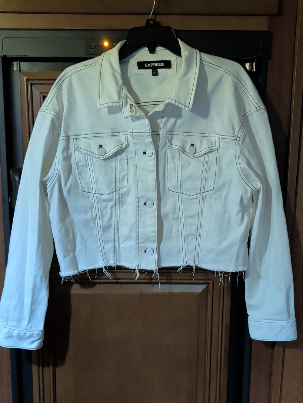 Express White Frayed Hem Cropped Denim Jacket